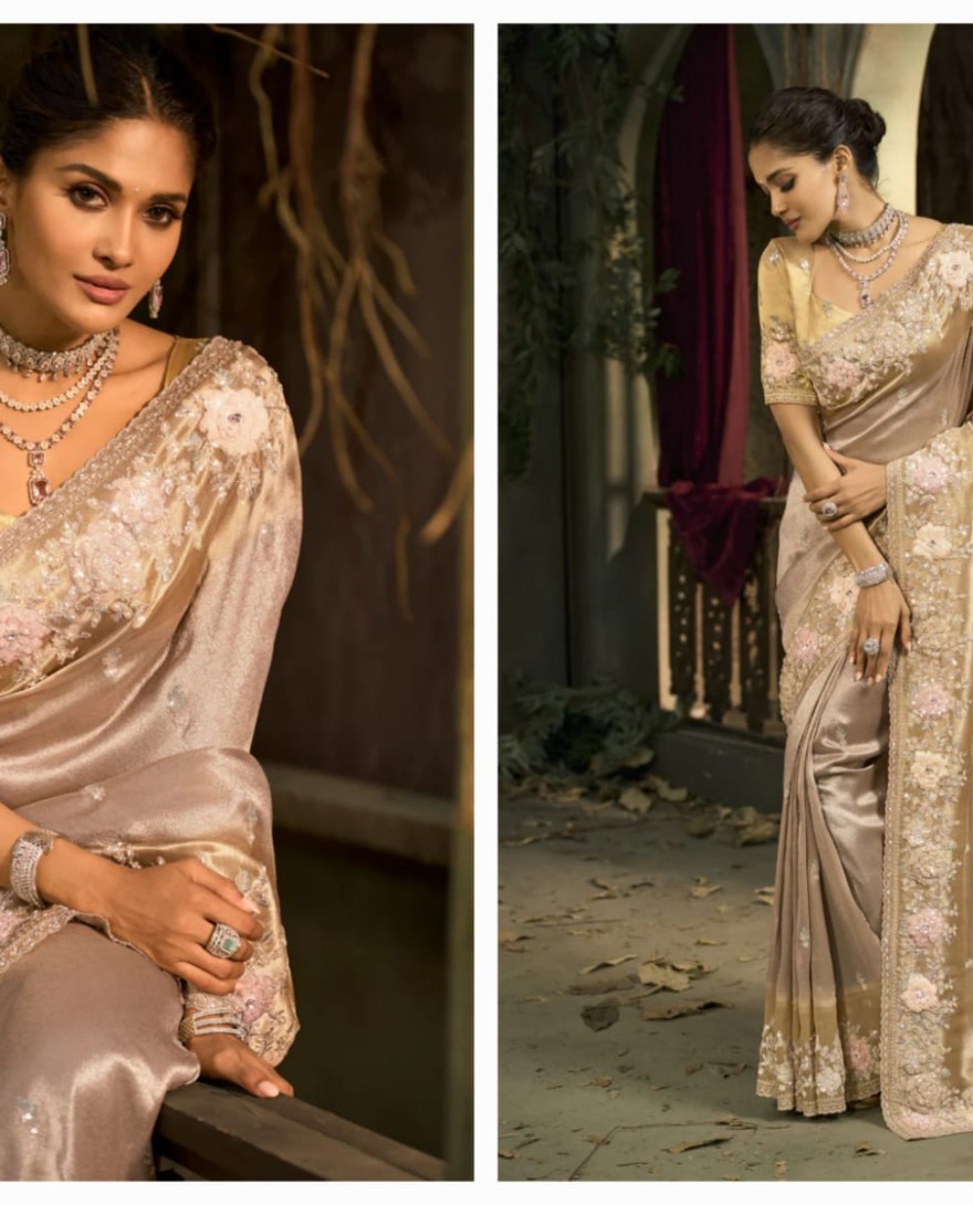 BEIGE - Beige Designer Embroidered Silk Saree with Floral Work Wedding Wear